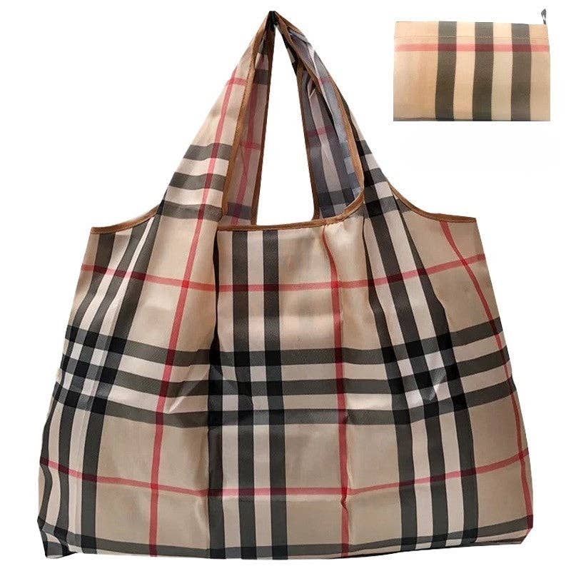 Foldable Eco-Friendly Large Capacity Portable Shoulder Bag: Apricot Plaid