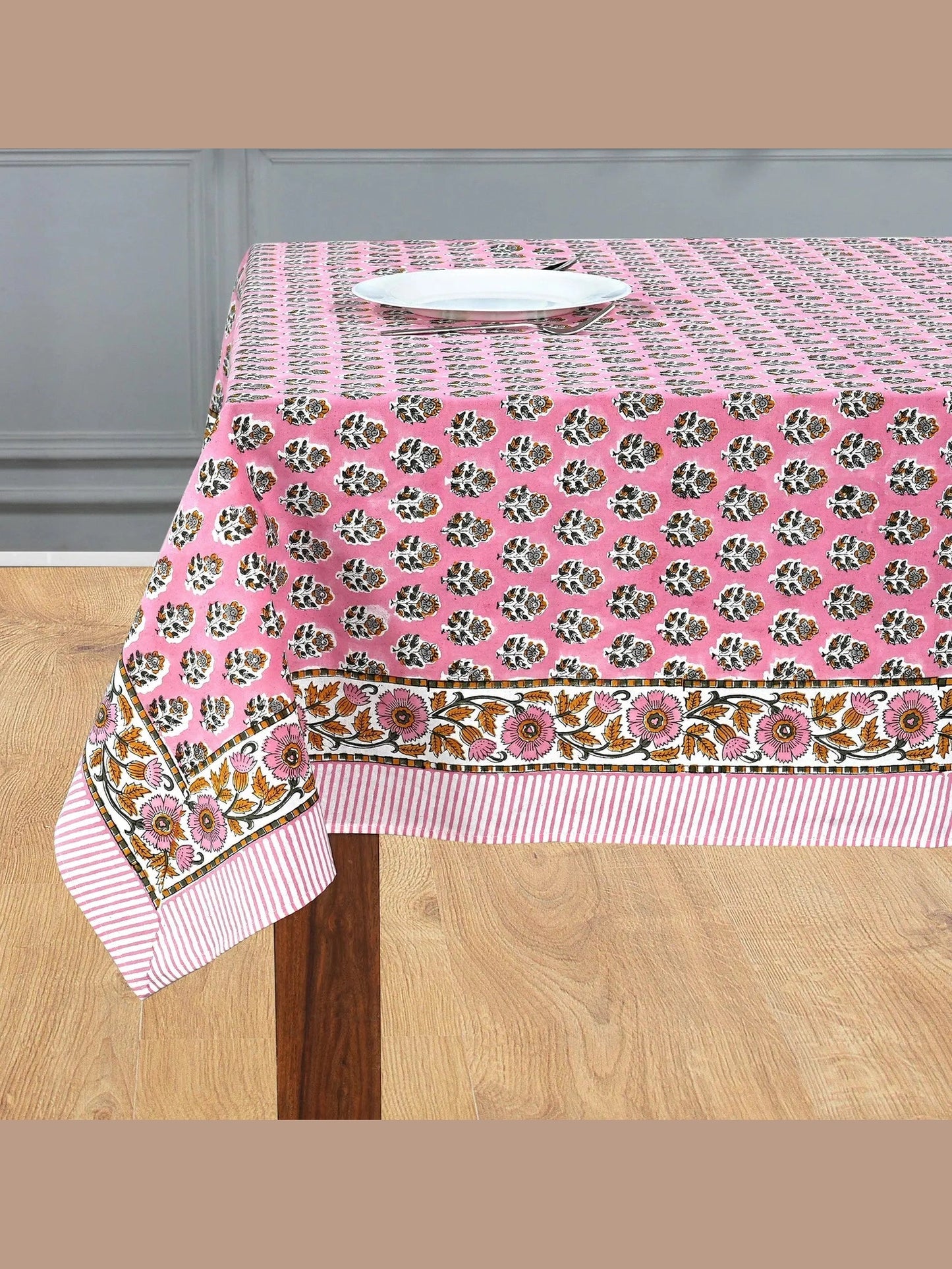 Poppy Pink Cotton Indian Hand-Block Printed Tablecloth
