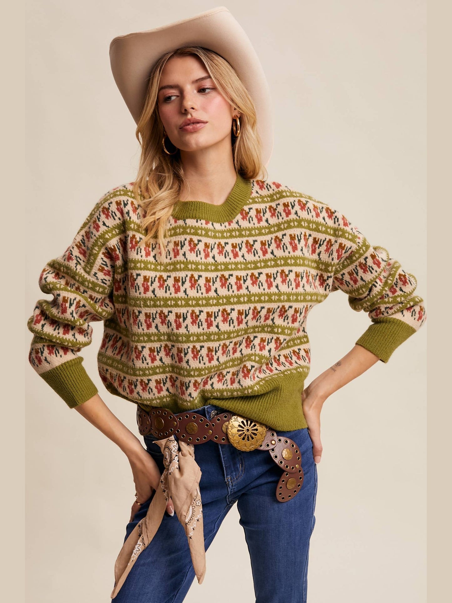 Floral Knit Sweater: Vintage Green
