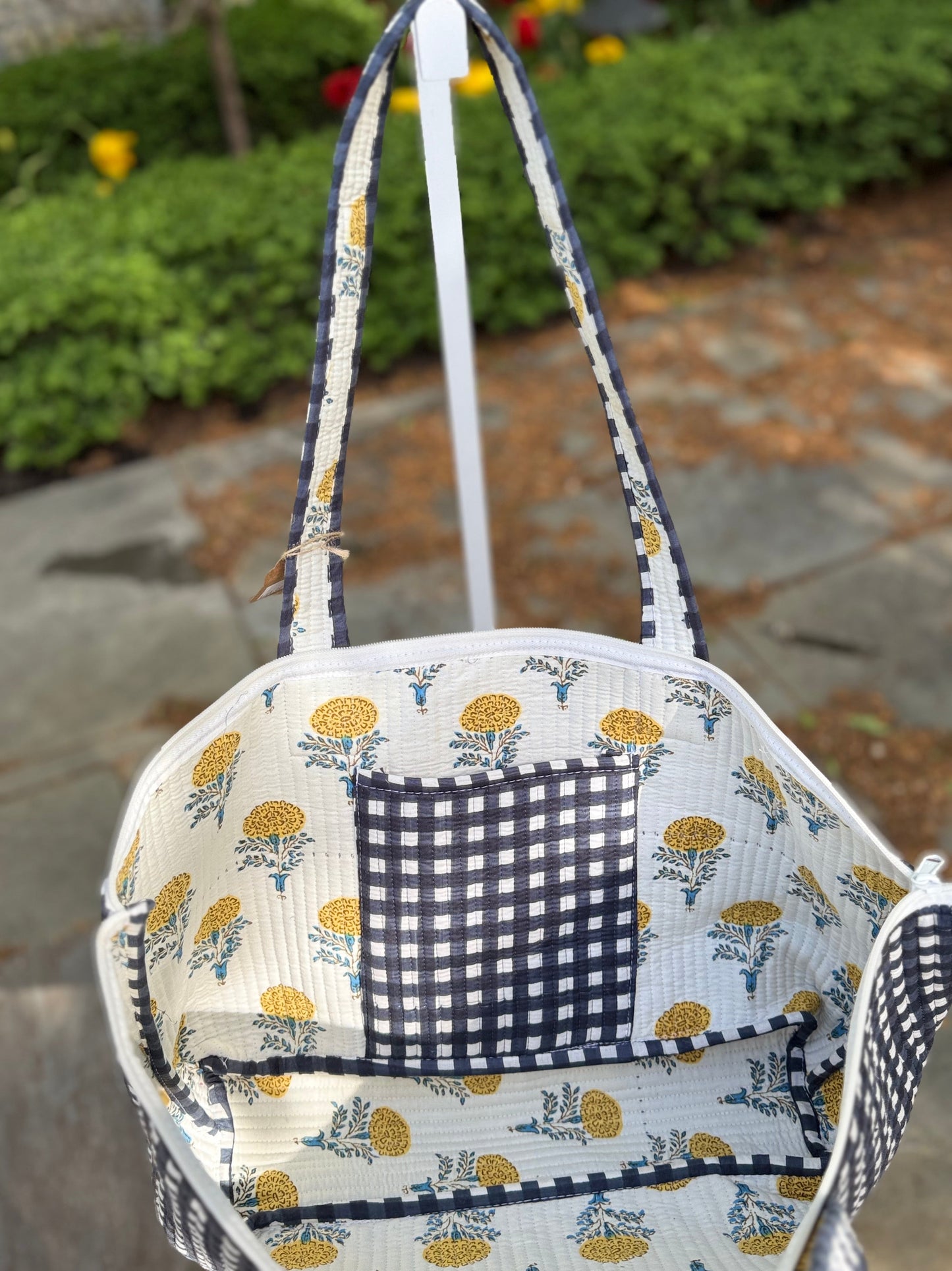 Quilted Block Print Duffel- Yellow and Blue Flowers