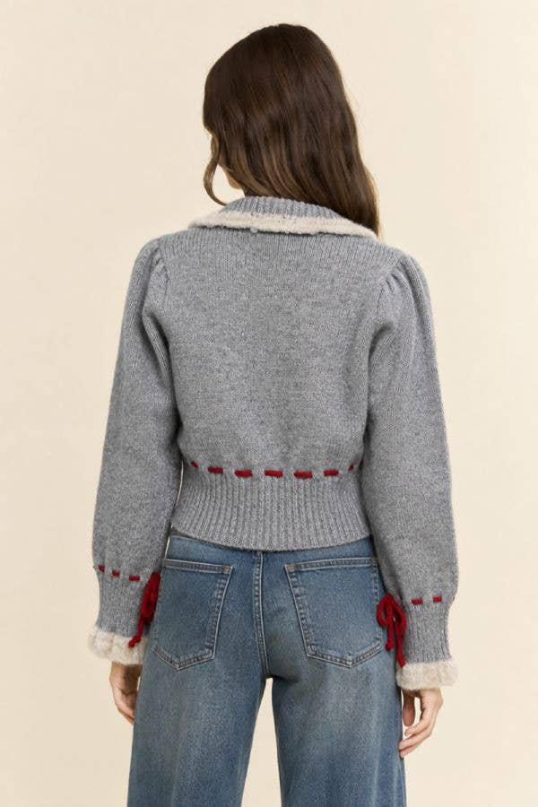 Floral Embroidered Collared Cardigan: Gray