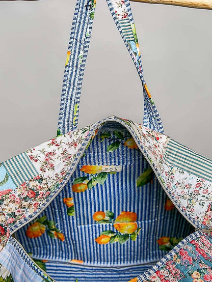 Trompe L’oeil Patchwork Structured Quilted Tote Bag: IVORY/BLUE / Os