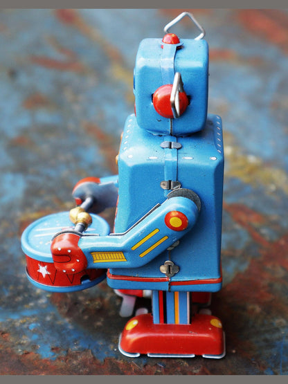 Robot robot with drum blue sheet metal robot tin toy