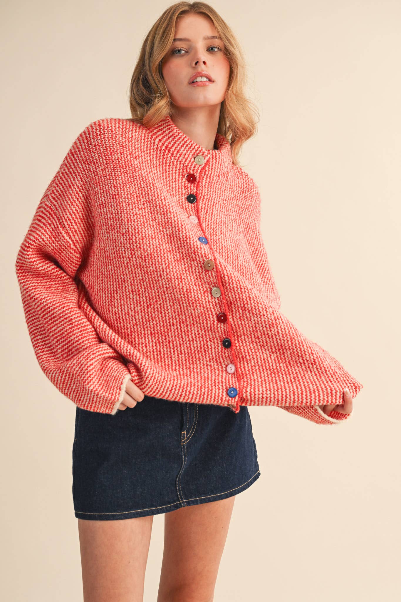 STRIPED SWEATER CARDIGAN WITH COLORFUL BUTTONS MSW11250: IVORY RED / L