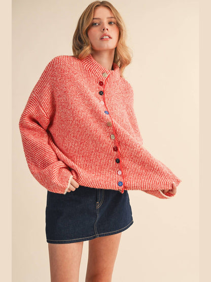 STRIPED SWEATER CARDIGAN WITH COLORFUL BUTTONS: IVORY RED