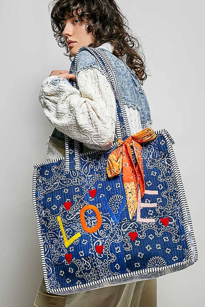 Quilted Indigo Paisley LOVE Tote Bag: INDIGO PAISLEY / OS