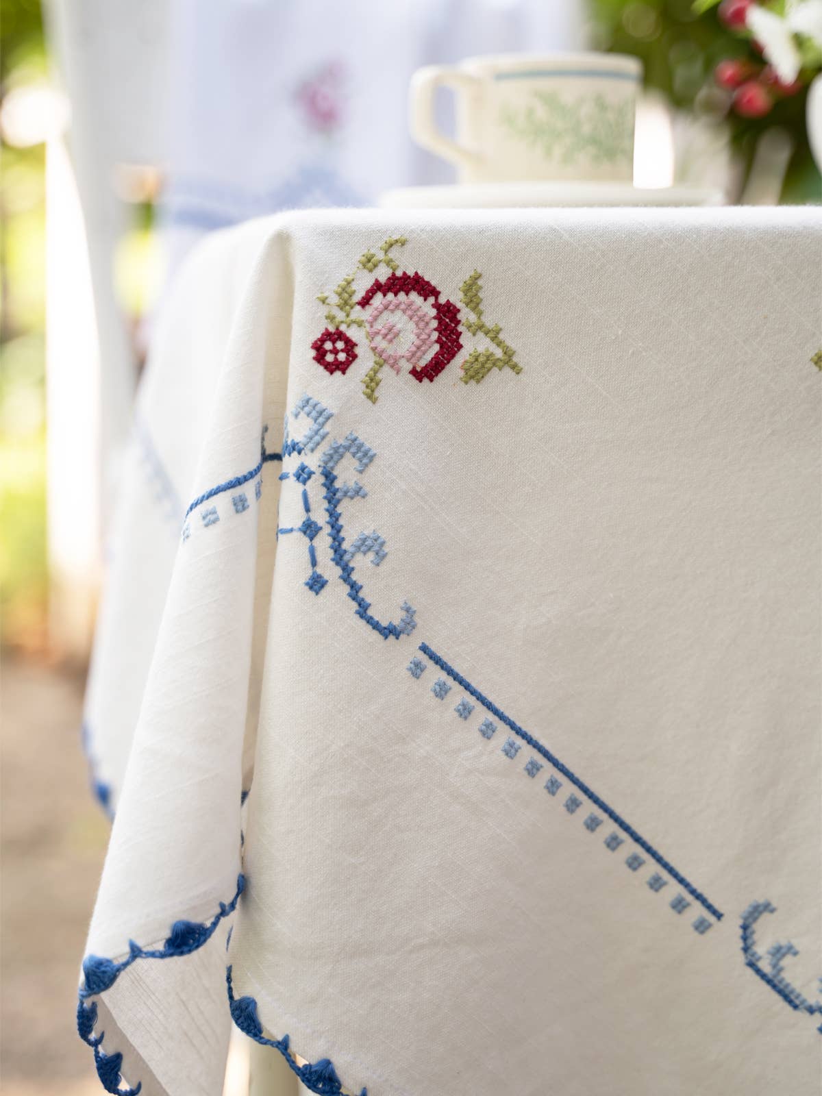 Folklore Cross Stitch Embroidered Tea Cloth - White