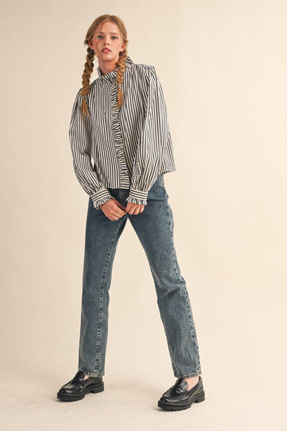 STRIPED RUFFLED BUTTON DOWN LONG SLEEVE TOP: Denim Blue Stripe
