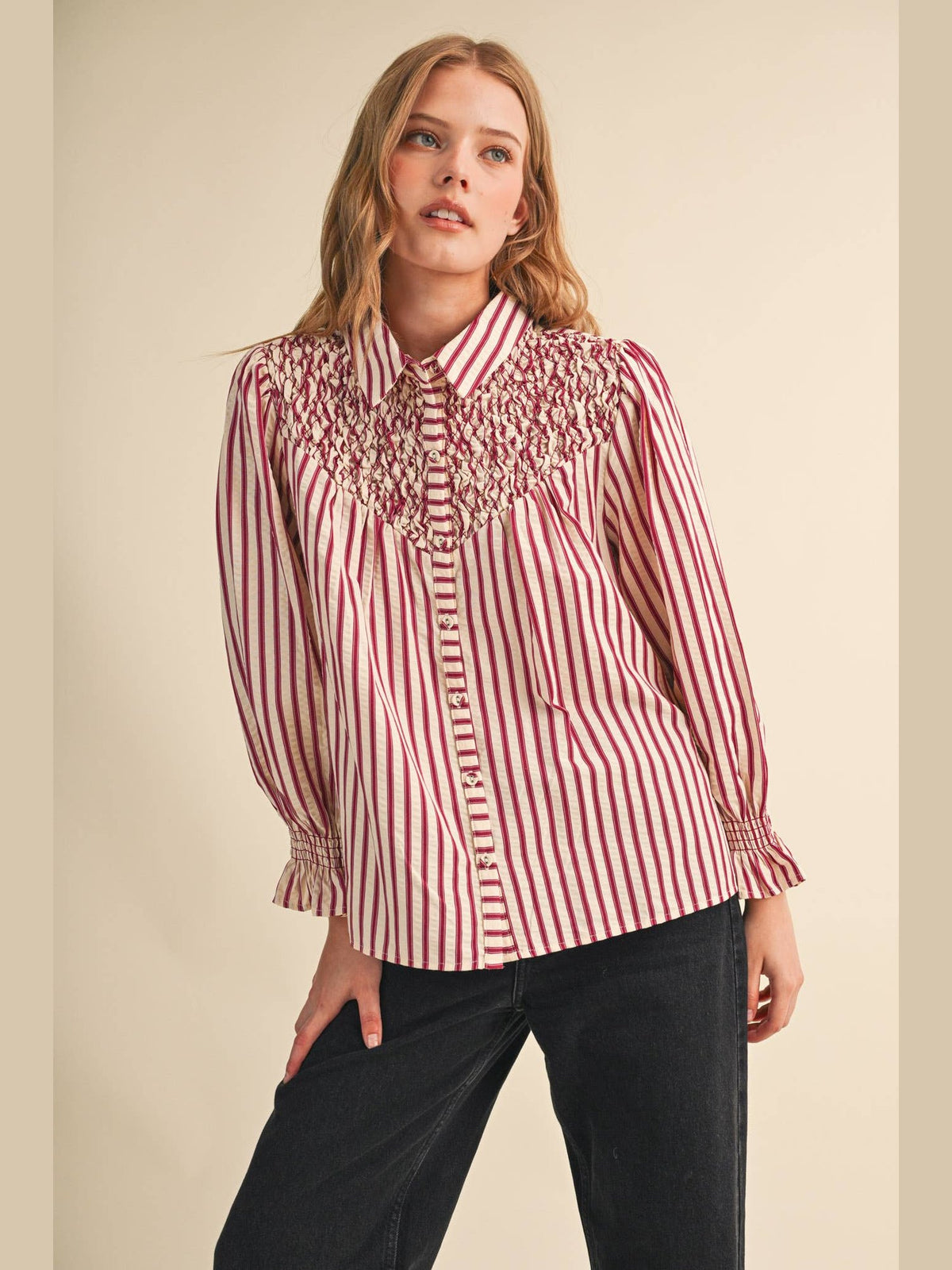 STRIPED BUTTON UP TOP WITH DIAMOND SMOCKED YOKE: CRANBERRY STRIPE