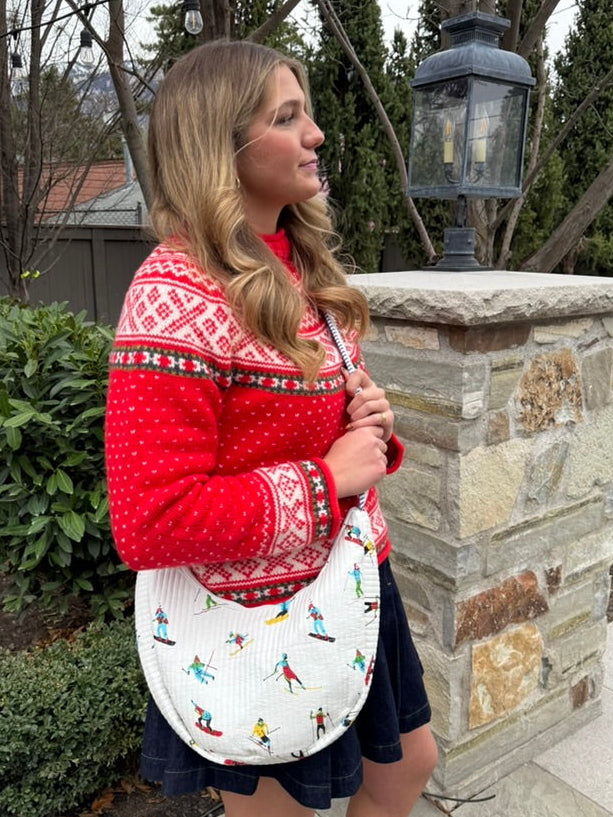 Quilted Crossbody Bag with Ski Print and Blue Stripe Accent