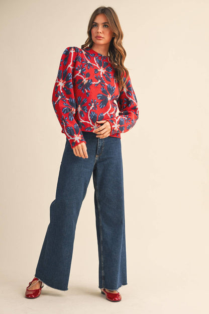 FLORAL MOCK NECK SWEATER: RED NAVY