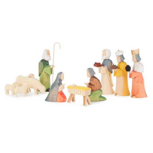 Colored German Carved Wood Christmas Nativity Scene Set 11
