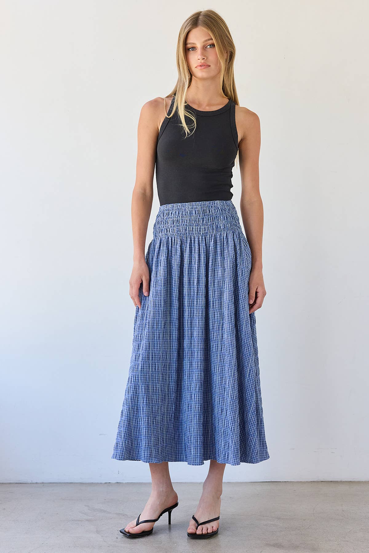 Smocked Waist Check Midi Skirt - RS1092: BLUE CHECK / S-M-L (3-2-1)