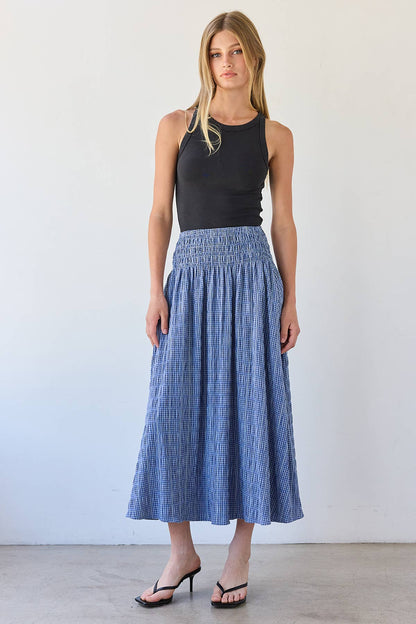 Smocked Waist Check Midi Skirt - RS1092: BLUE CHECK / S-M-L (3-2-1)