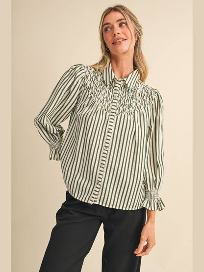 STRIPED BUTTON UP TOP WITH DIAMOND SMOCKED YOKE MTP5183: DENIM BLUE STRIPE / L