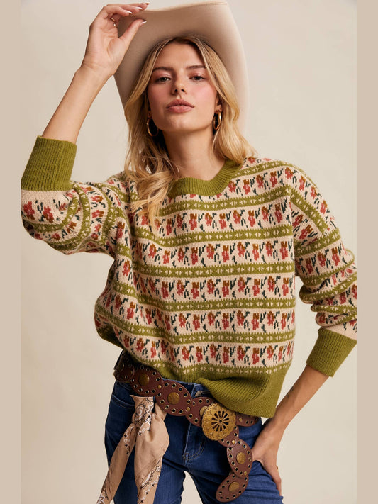 Floral Knit Sweater: Vintage Green