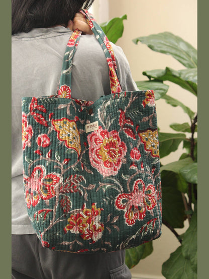 Emerald garden print reversible tote bag-Small laptop bag
