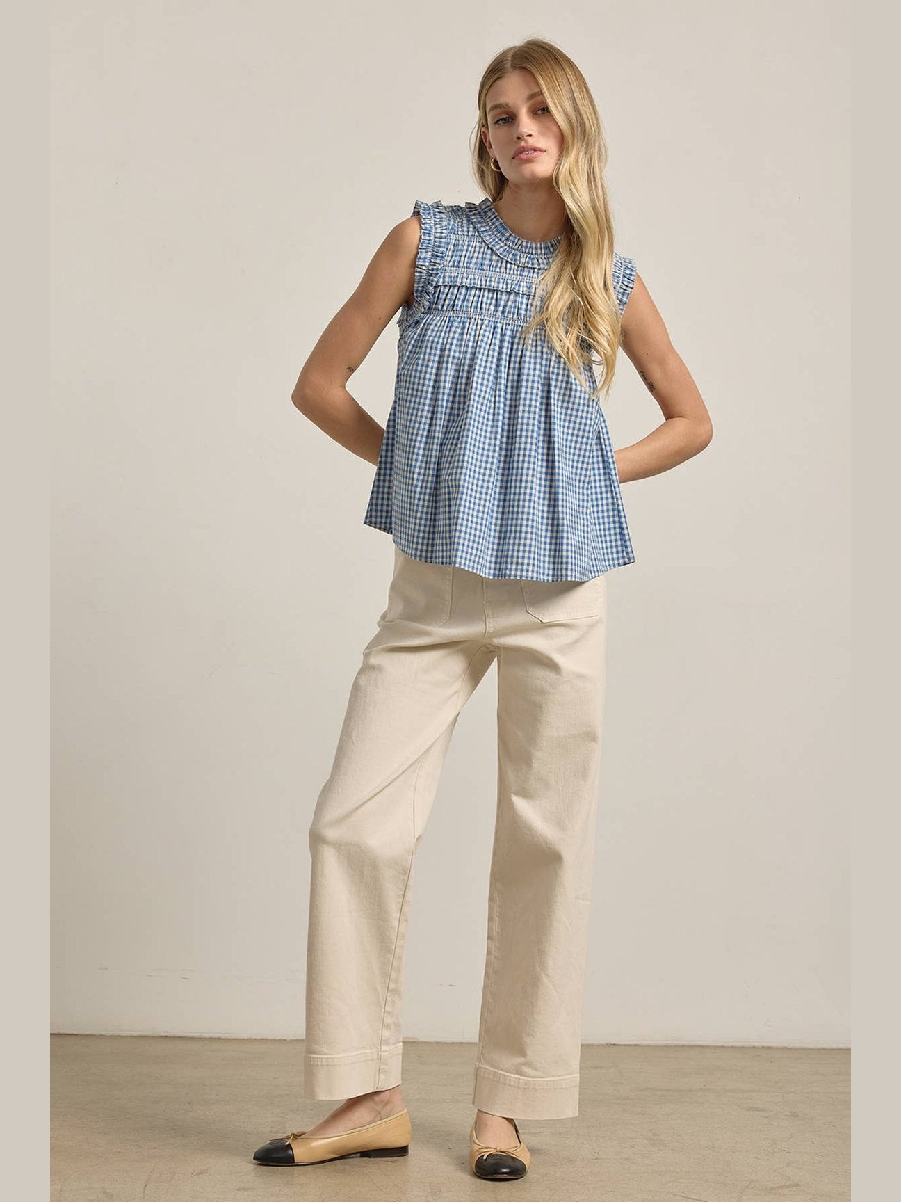 GINGHAM RUFFLE BLOUSE : Blue