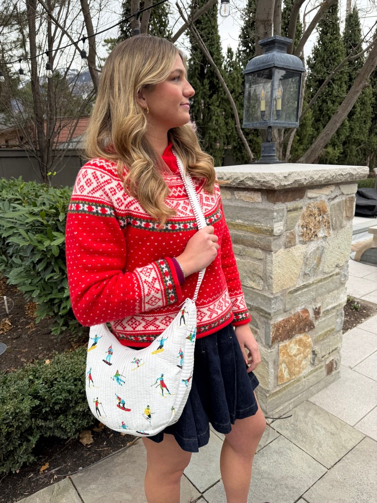 Quilted Crossbody Bag with Ski Print and Red Stripe Accent
