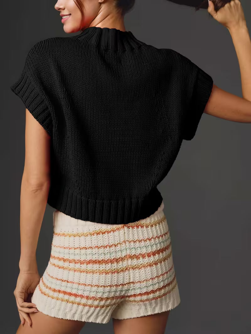 Women's Short Sleeve Sweater Black Heart Mock Neck Crop Top