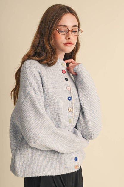 STRIPED SWEATER CARDIGAN WITH COLORFUL BUTTONS: POWDER BLUE