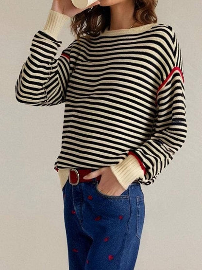 Striped Boat‑Neck Sweater with Red Accent Trim: Beige