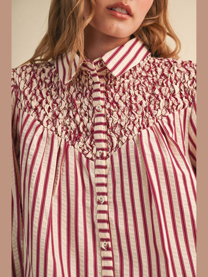 STRIPED BUTTON UP TOP WITH DIAMOND SMOCKED YOKE: CRANBERRY STRIPE