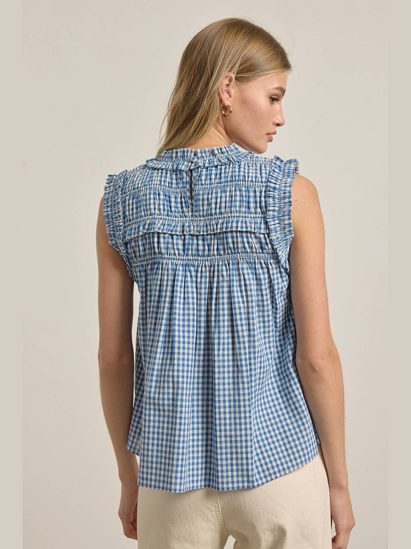 GINGHAM RUFFLE BLOUSE : Blue