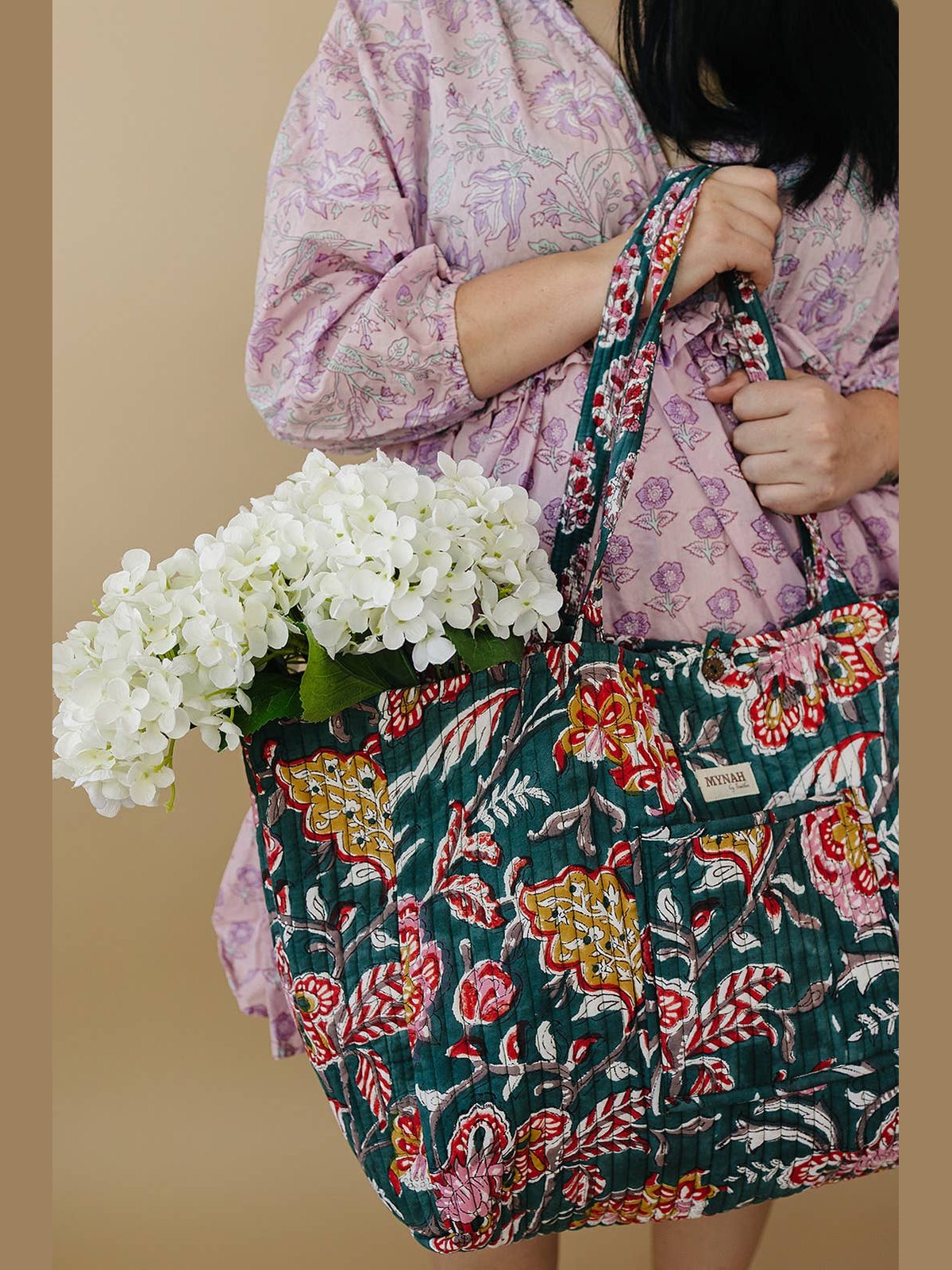 Emerald Garden floral-LARGE quilted market tote-reversible