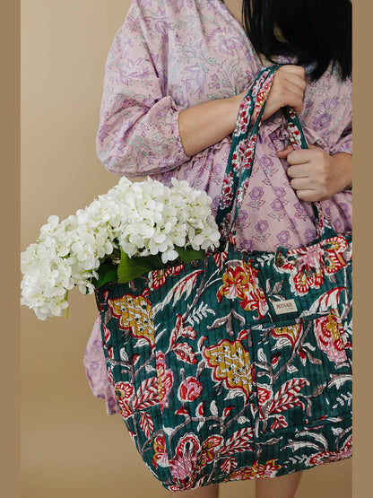 Emerald Garden floral-LARGE quilted market tote-reversible