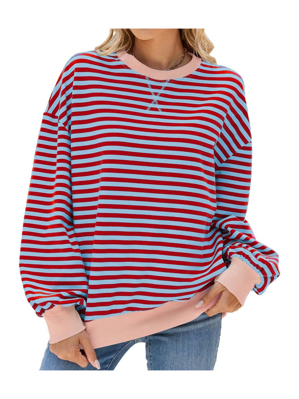 Classic Striped Oversized Crewneck Sweatshirt: Red-Blue / Small