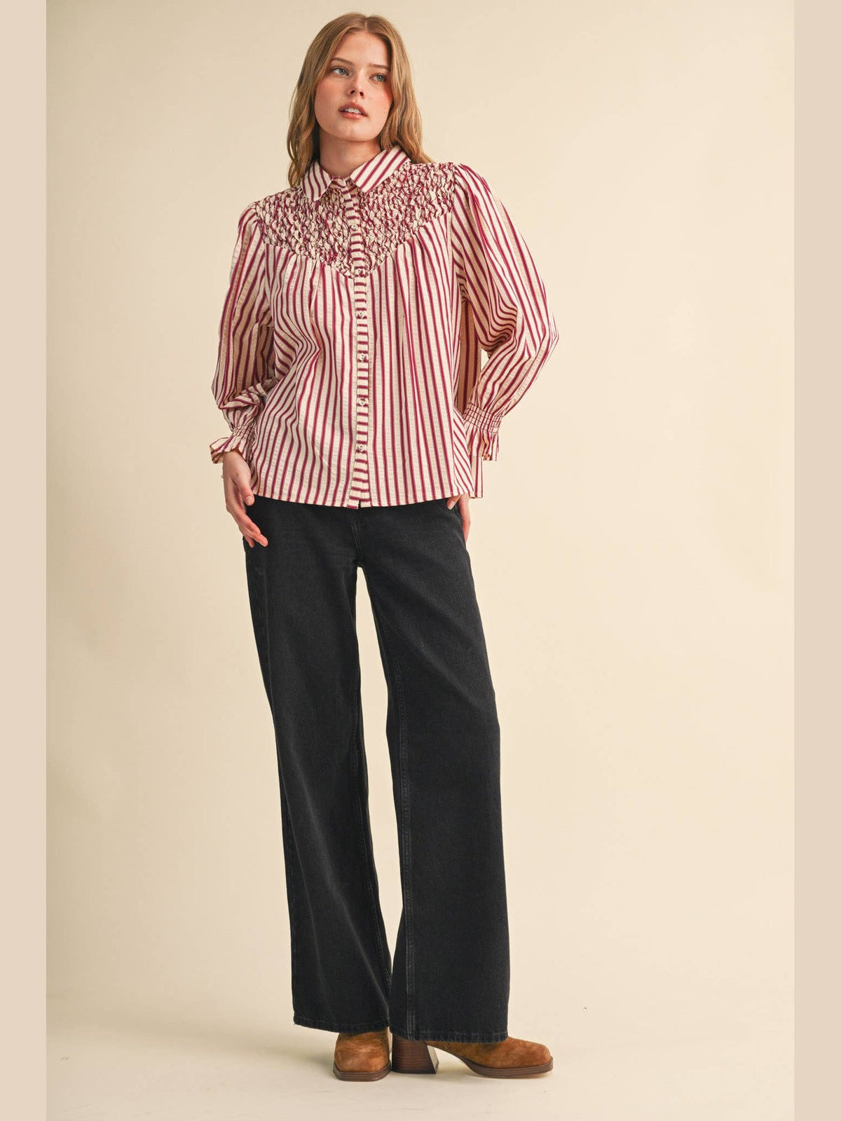 STRIPED BUTTON UP TOP WITH DIAMOND SMOCKED YOKE MTP5183: DENIM BLUE STRIPE / L