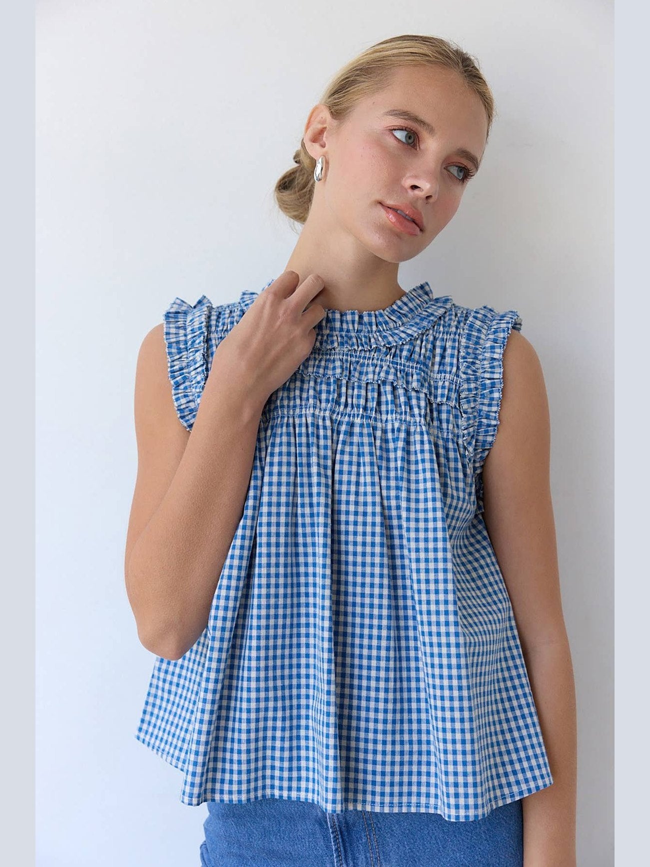 GINGHAM RUFFLE BLOUSE : Blue