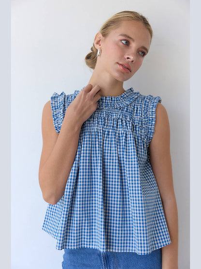 GINGHAM RUFFLE BLOUSE : Blue