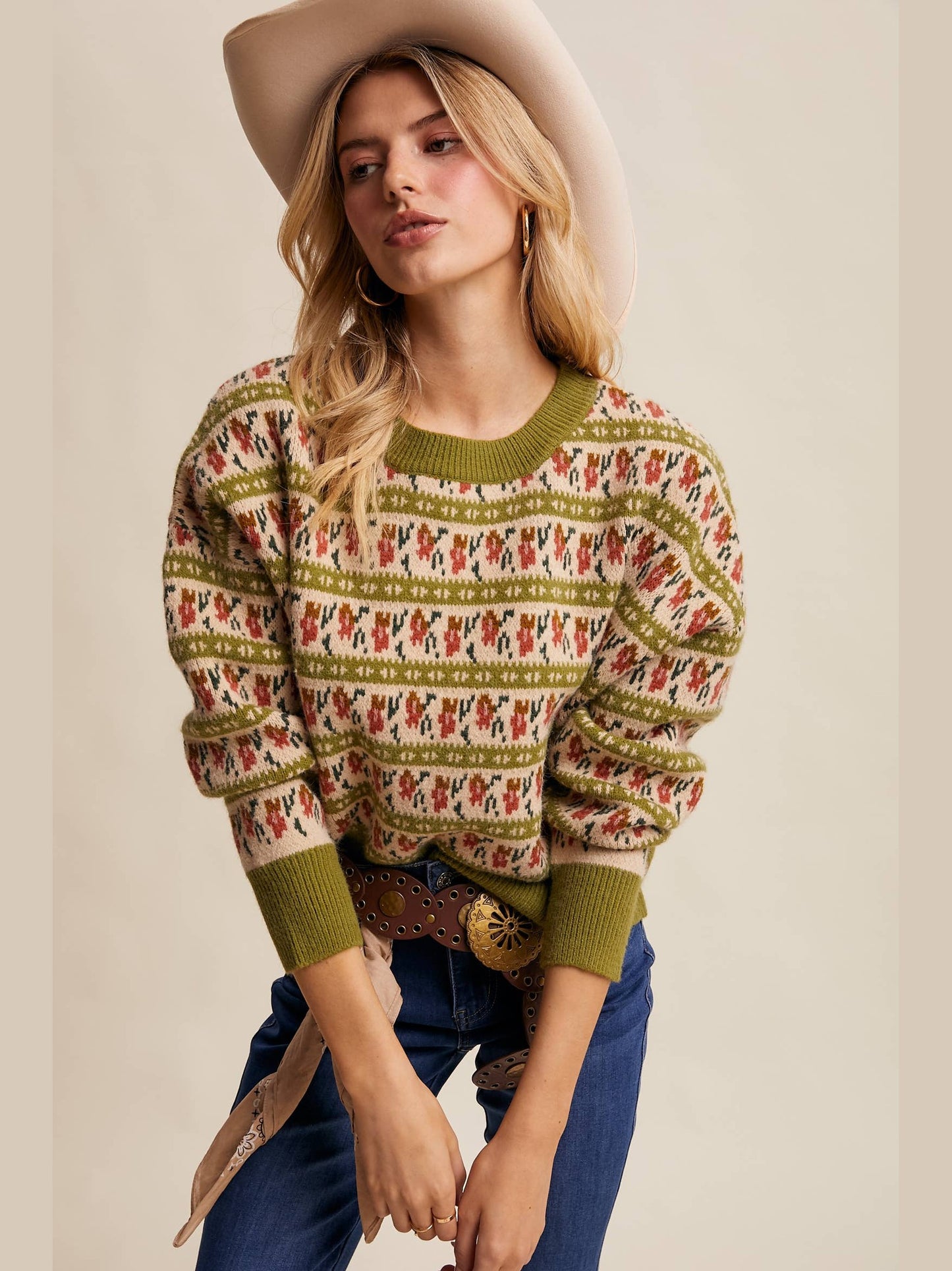 Floral Knit Sweater: Vintage Green