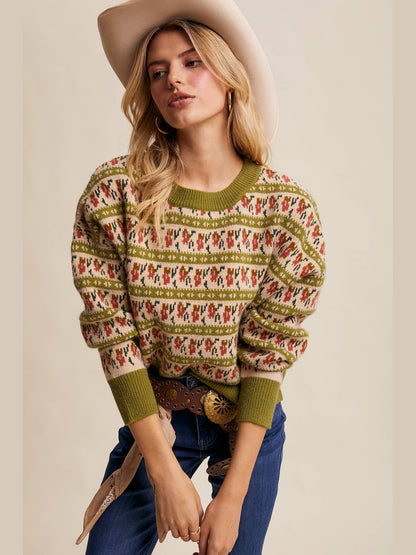 Floral Knit Sweater: Vintage Green