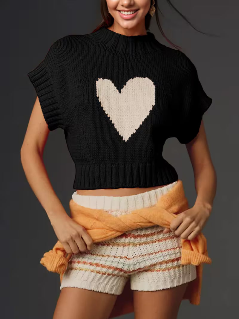 Women's Short Sleeve Sweater Black Heart Mock Neck Crop Top