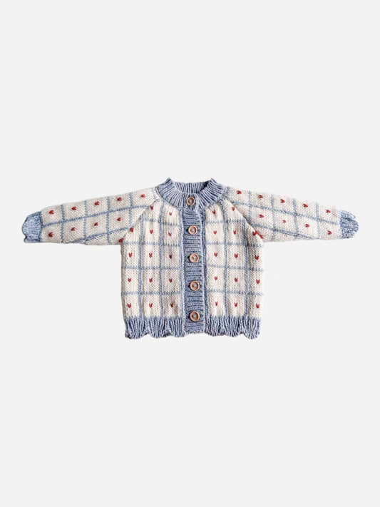 Blue Checkered Windowpane Heart Cardigan