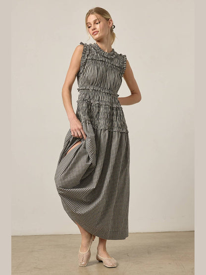 Smocked Gingham Maxi Dress: BLACK GINGHAM