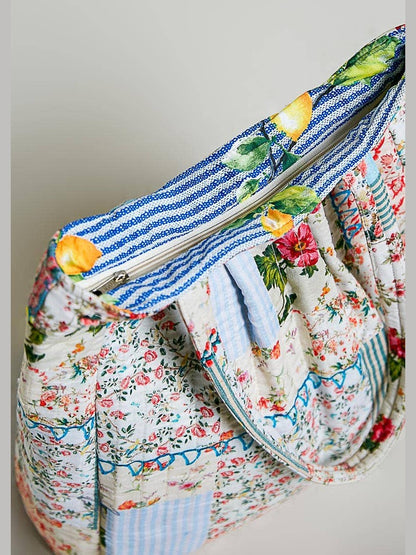 Quilted Patchwork Print Shoulder Tote Bag: IVORY/BLUE / Os