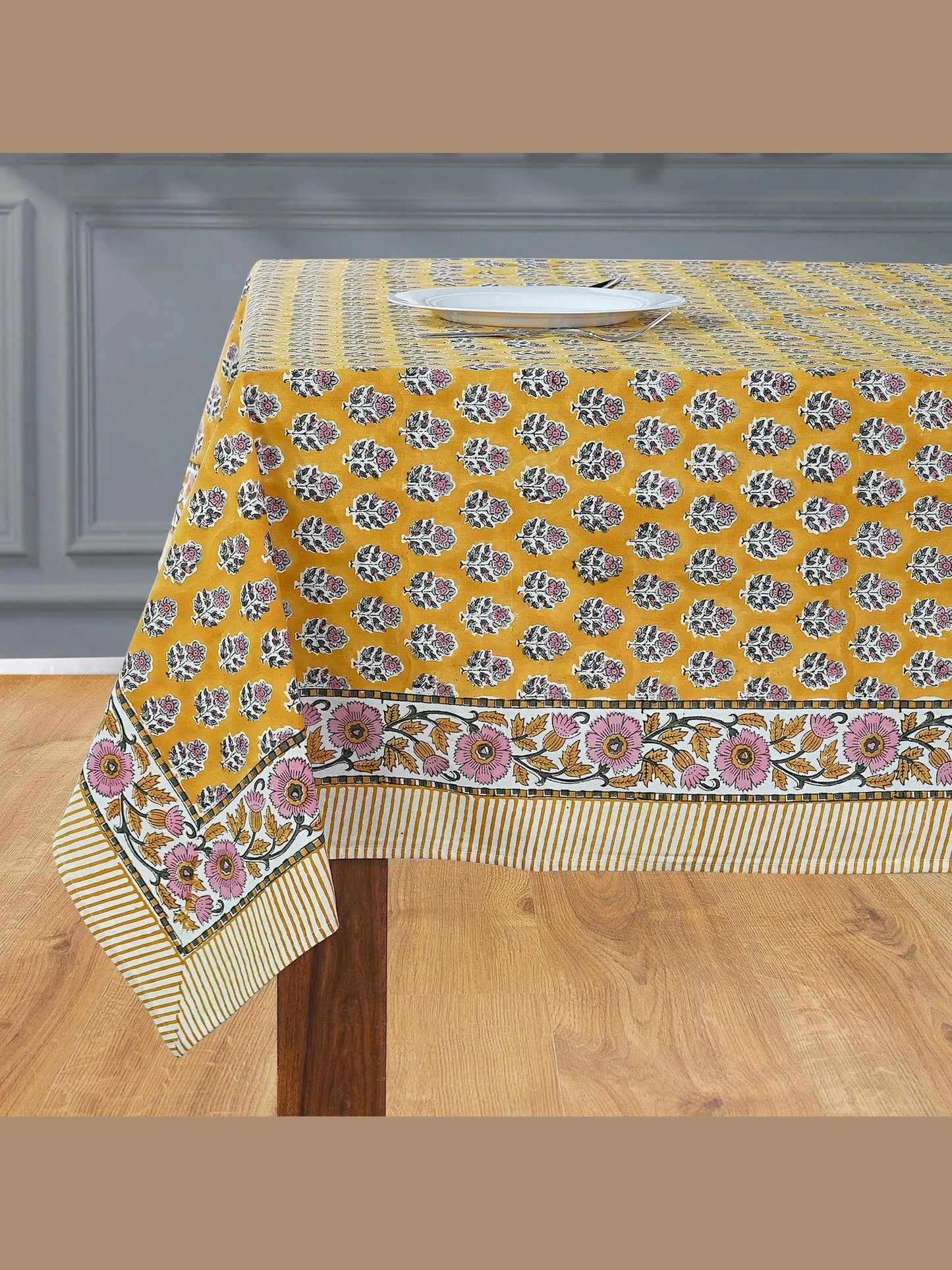 Citrine Yellow Hand Block Printed Cotton Tablecloth
