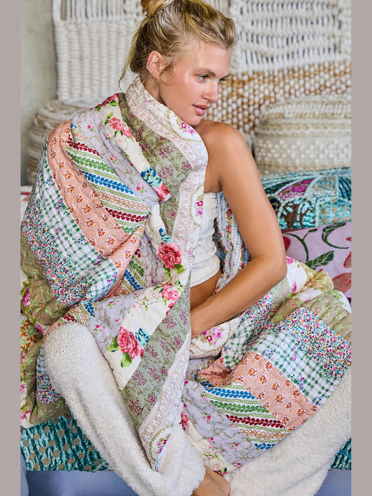 Crafted Patchwork Quilt Vintage Floral Prints Blanket