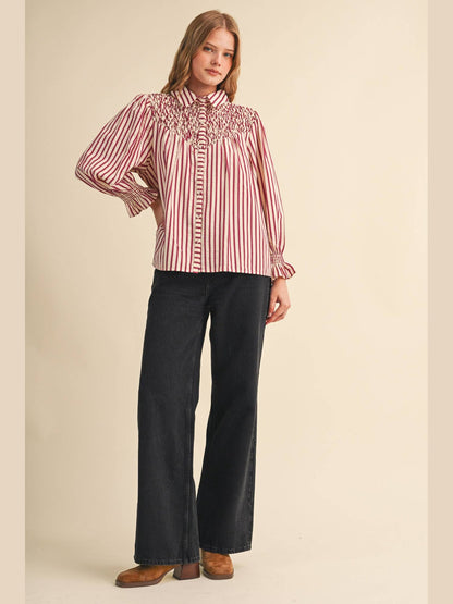 STRIPED BUTTON UP TOP WITH DIAMOND SMOCKED YOKE: CRANBERRY STRIPE