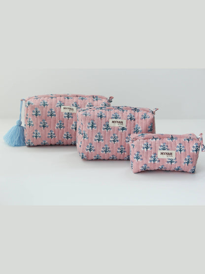 Dusty pink bluefloral travel/make up/organizer/ bag-Set of 3