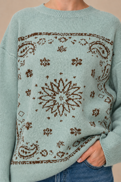 Western Bandana Jacquard Crewneck Sweater: Blue & Brown