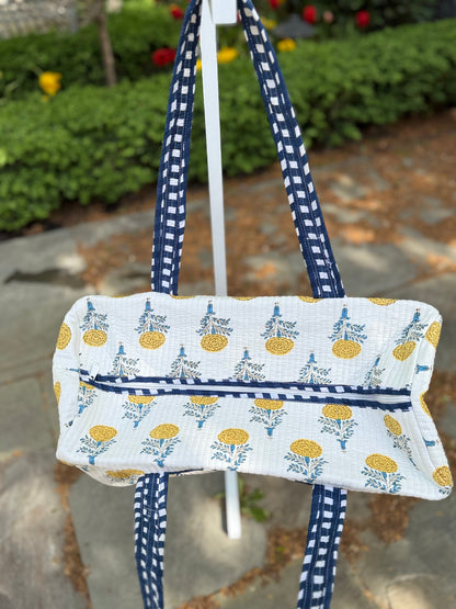 Quilted Block Print Duffel- Yellow and Blue Flowers
