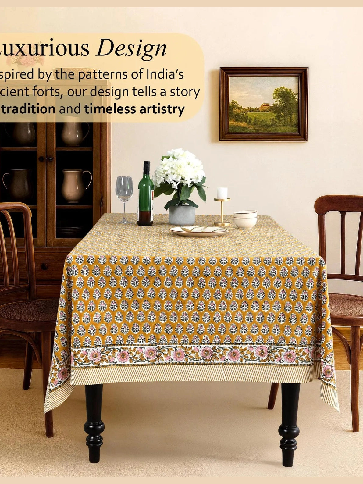 Citrine Yellow Hand Block Printed Cotton Tablecloth