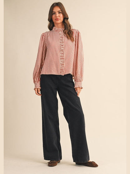 Striped, Ruffled Button Down Long Sleeve Top