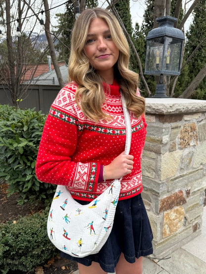 Quilted Crossbody Bag with Ski Print and Red Stripe Accent