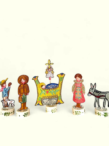 Nativity Embroidered Ornaments with ceramic stand- set of 12